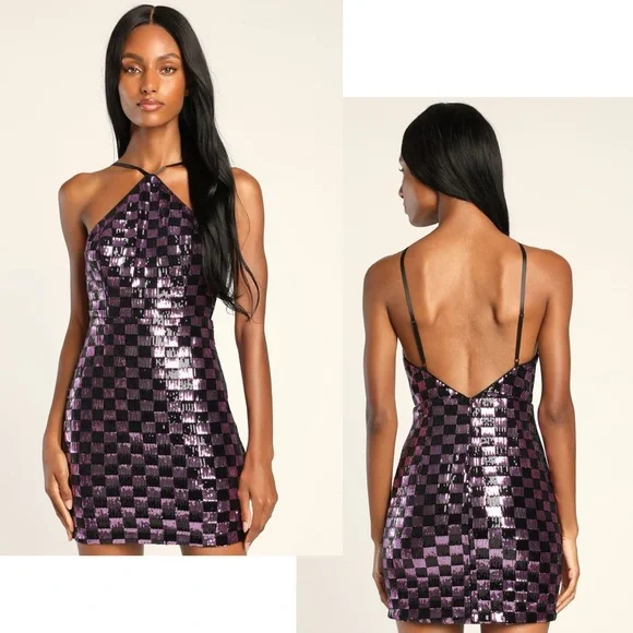 Lulus | Dresses | Lulus Nwt Check Her Out Black And Purple Sequin Backless  Mini Dress S | Poshmark